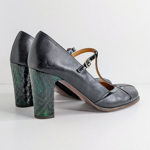 Chie Mihara T-Strap Heels 40 Black Green Snakeskin Accent Retro Glam Pinup Shoes - Picture 14 of 15